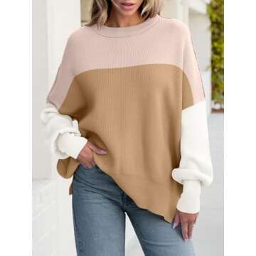 ANRABESS Women Crewneck Batwing Long Sleeve 2024 Fall Oversized Side Slit Ribbed Knit Pullover Sweat...