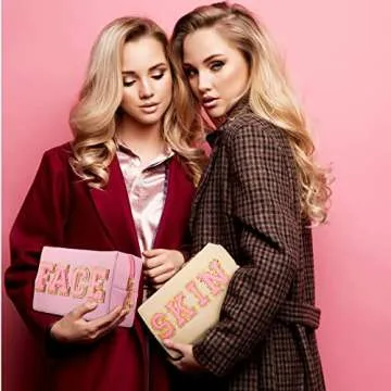 Sotiff 2 Pcs Preppy Patch Makeup Bag Waterproof Chenille Letter Cosmetic Bag Portable Toiletry Bag Zipper Pouch Travel Organizer for Women(White, Pink,Fresh Style)