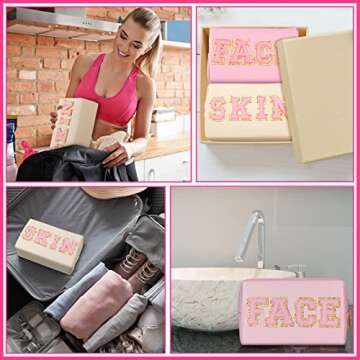 Sotiff 2 Pcs Preppy Patch Makeup Bag Waterproof Chenille Letter Cosmetic Bag Portable Toiletry Bag Zipper Pouch Travel Organizer for Women(White, Pink,Fresh Style)