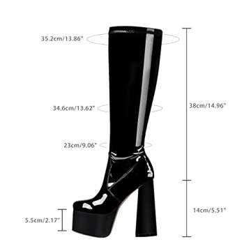 wetkiss Platform Knee High Boots for women, Chunky High Heeled Patent Black Leather Boots Square Toe Side Zip Stretch Go-Go Boot