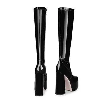 wetkiss Platform Knee High Boots for women, Chunky High Heeled Patent Black Leather Boots Square Toe Side Zip Stretch Go-Go Boot