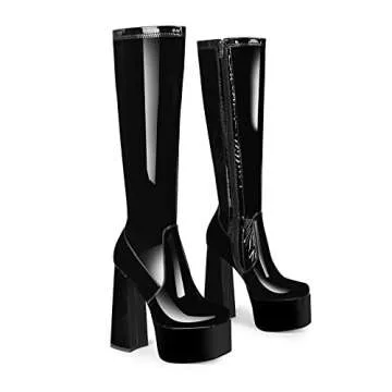 wetkiss Platform Knee High Boots for women, Chunky High Heeled Patent Black Leather Boots Square Toe Side Zip Stretch Go-Go Boot