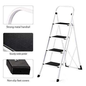 ACSTEP 4 Step Ladder Folding Step Stool with Handgrip for Adults, 350lbs Heavy-Duty Sturdy 4-Feet Steel Step Ladders 4 Step Stool Perfect for Kitchen & Household with Anti-Slip and Wide Pedal White