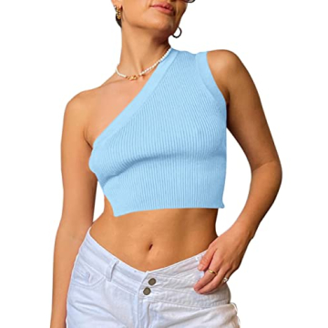 SAFRISIOR Women's Sexy Light Blue Knitted Crop Top - One Shoulder & Backless