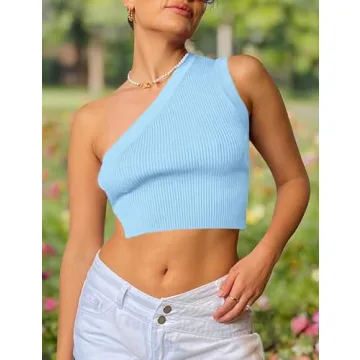 SAFRISIOR Light Blue One Shoulder Knitted Crop Top Women