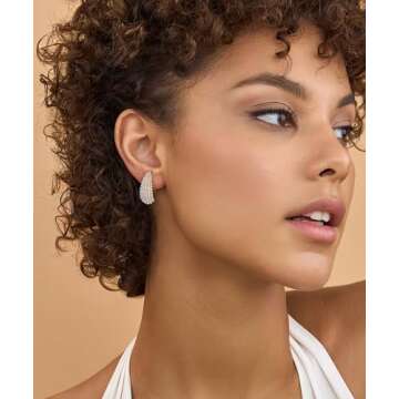 NANDUDU Pearl Earrings for Women Gold Hoop Earrings - Teardrop Earrings Dainty Pearl - Cubic Zirconia Chunky Hoop Earrings Trendy Hypoallergenic Tear Drop Jewelry Pearl