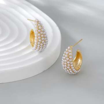 NANDUDU Pearl Earrings for Women Gold Hoop Earrings - Teardrop Earrings Dainty Pearl - Cubic Zirconia Chunky Hoop Earrings Trendy Hypoallergenic Tear Drop Jewelry Pearl