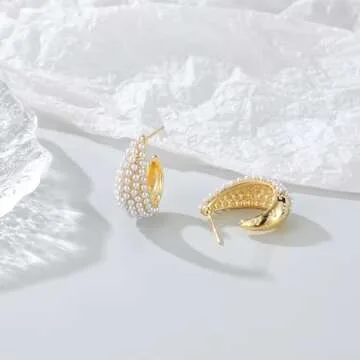 NANDUDU Pearl Earrings for Women Gold Hoop Earrings - Teardrop Earrings Dainty Pearl - Cubic Zirconia Chunky Hoop Earrings Trendy Hypoallergenic Tear Drop Jewelry Pearl