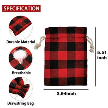 Christmas Gifts Drawstring Bags Xmas Buffalo Plaid Cotton Linen Treat Candy Small Burlap Bags Sachet...