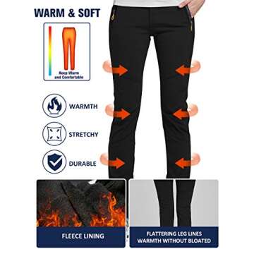 Camii Mia Women's Winter Warm Outdoor Slim Windproof Waterproof Ski Snow Fleece Hiking Pants (26W x 30L, Black)