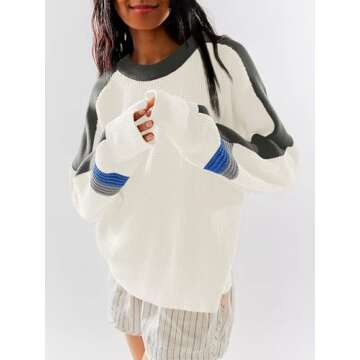 Saodimallsu Womens Waffle Knit Sweaters Color Block Crewneck Long Sleeve Slouchy Loose Fit Fall Tren...