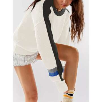 Saodimallsu Womens Waffle Knit Sweaters Color Block Crewneck Long Sleeve Slouchy Loose Fit Fall Trendy Pullover Tops White