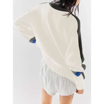 Saodimallsu Womens Waffle Knit Sweaters Color Block Crewneck Long Sleeve Slouchy Loose Fit Fall Trendy Pullover Tops White