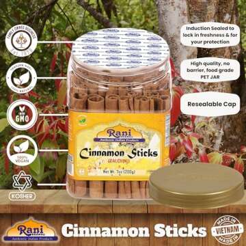 Rani Cinnamon Sticks 7oz (200g) PET Jar - 36-44 Sticks - Strong Aroma, Perfect for Baking, Cooking & Beverages | 3+ Inches Length - Cassia Saigon Cinnamon from Vietnam | Kosher