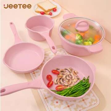 JEETEE Pink Nonstick Pots and Pans Set for Healthy Cooking