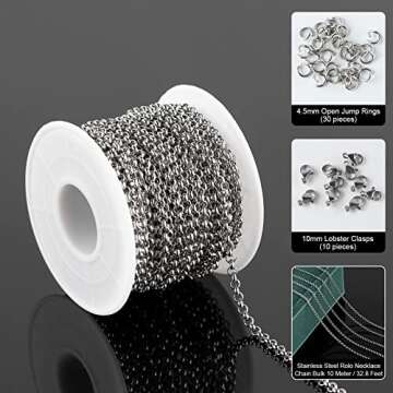 UMAOKANG 16.4 Feet Silver Stainless Steel Circle Rolo Link Chain Spool in Bulk with Lobster Clasps a...