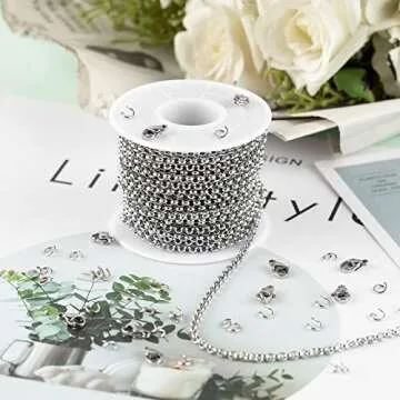 UMAOKANG 16.4 Feet Silver Stainless Steel Circle Rolo Link Chain Spool in Bulk with Lobster Clasps and Jump Rings for Necklace Jewelry Accessories DIY Making 3mm