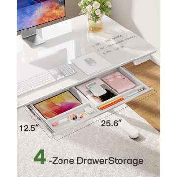 Marsail Glass Electric Standing Desk with Drawer, 55 x 28 Inches Height-Adjustable Desk, One-Piece T...