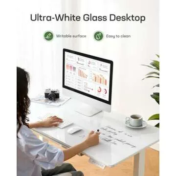 Marsail Glass Electric Standing Desk with Drawer, 55 x 28 Inches Height-Adjustable Desk, One-Piece Tempered Glass Top, Ergonomic Home Office Sit Stand Desk with 4 Preset Heights, White