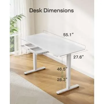 Marsail Glass Electric Standing Desk with Drawer, 55 x 28 Inches Height-Adjustable Desk, One-Piece Tempered Glass Top, Ergonomic Home Office Sit Stand Desk with 4 Preset Heights, White
