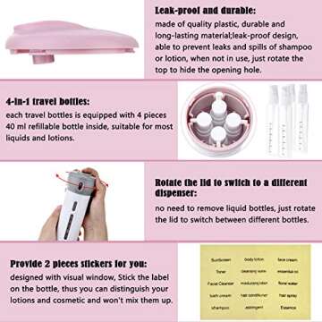 2 Pieces 4-in-1 Travel Dispenser Lotion Shampoo Gel Travel Dispenser Bottle Sets Organized Leak-proof Travel Toiletries Containers Rotatable Refillable Travel Bottles (Pink, Grey)