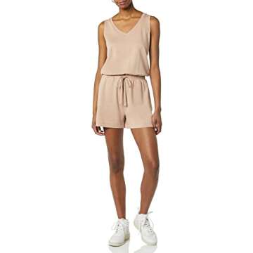 Amazon Essentials Women's Studio Terry Fleece Romper, Mushroom Brown, Medium