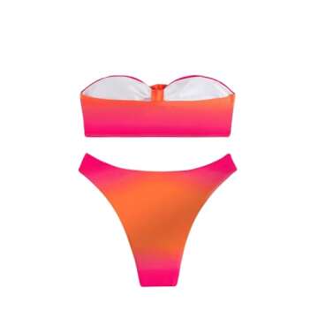 Floerns Women's 2 Piece Ombre 3D Floral Appliques Bikini Set Tube Top High Cut Swimsuit Orange and P...