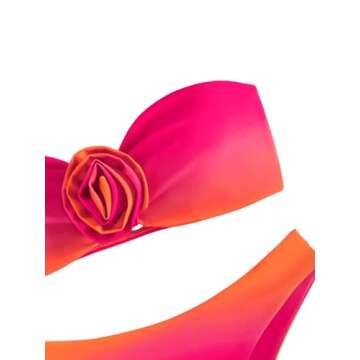 Floerns Women's 2 Piece Ombre 3D Floral Appliques Bikini Set Tube Top High Cut Swimsuit Orange and Pink L