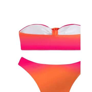 Floerns Women's 2 Piece Ombre 3D Floral Appliques Bikini Set Tube Top High Cut Swimsuit Orange and Pink L