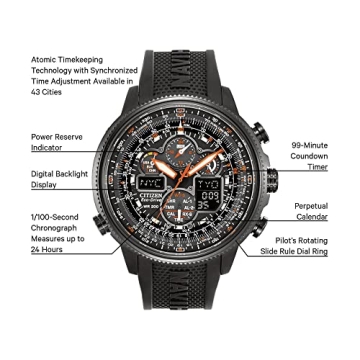 Citizen Men's Promaster Navihawk Eco-Drive Pilot Watch, Atomic Timekeeping, Chronograph, Power Reserve Indicator, Luminous, Anti-Reflective Crystal, Black Rubber Strap (Model: JY8035-04E)