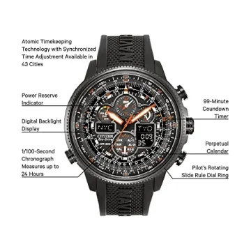 Citizen Men's Promaster Navihawk Eco-Drive Pilot Watch, Atomic Timekeeping, Chronograph, Power Reserve Indicator, Luminous, Anti-Reflective Crystal, Black Rubber Strap (Model: JY8035-04E)