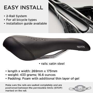 Terry Bike Saddle - Liberator Y Gel Saddle Bike Seat for Men's Cycling - Padded Wide Bike Seat Cushion for Comfortable Long Rides, Black Dura-tek Bicycle Seat Cover