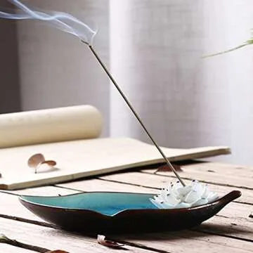 Corciosy Incense Holder for Sticks-Ceramic Decorative Lotus Incense Burner Leaf-Incense Ash Catcher Tray Sky Blue