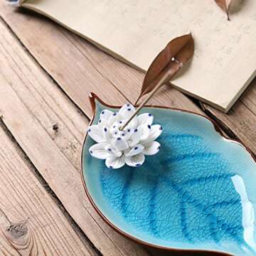 Corciosy Incense Holder for Sticks-Ceramic Decorative Lotus Incense Burner Leaf-Incense Ash Catcher Tray Sky Blue