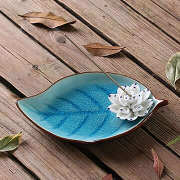 Corciosy Incense Holder for Sticks-Ceramic Decorative Lotus Incense Burner Leaf-Incense Ash Catcher Tray Sky Blue