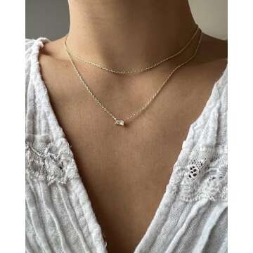 PAVOI 14K Gold Plated Layered Baguette Pendant Necklace | Layering Necklaces for Women | Dainty Minimalist Design Pendant (Yellow Plated)