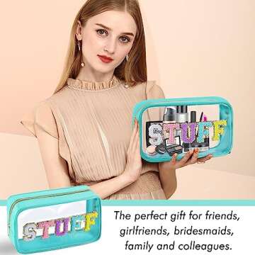 URSKYTOUS Chenille Letter Clear Makeup Bag Nylon Preppy Patch Stuff Cosmetic Bag with Zipper Large C...