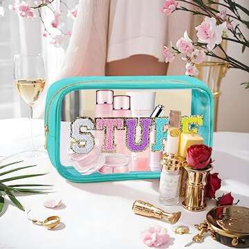 URSKYTOUS Chenille Letter Clear Makeup Bag Nylon Preppy Patch Stuff Cosmetic Bag with Zipper Large Clear Travel Makeup Pouch Transparent PVC Waterproof Toiletry Organizer Storage for Women (Blue)