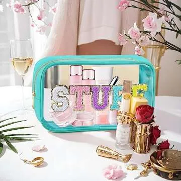 URSKYTOUS Chenille Letter Clear Makeup Bag Nylon Preppy Patch Stuff Cosmetic Bag with Zipper Large Clear Travel Makeup Pouch Transparent PVC Waterproof Toiletry Organizer Storage for Women (Blue)