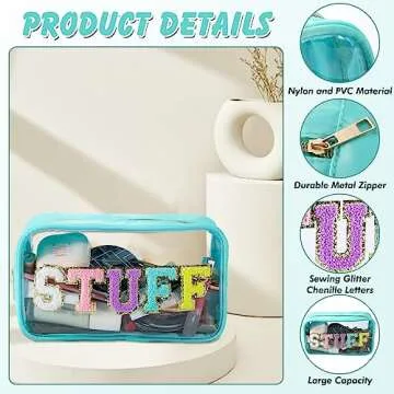 URSKYTOUS Chenille Letter Clear Makeup Bag Nylon Preppy Patch Stuff Cosmetic Bag with Zipper Large Clear Travel Makeup Pouch Transparent PVC Waterproof Toiletry Organizer Storage for Women (Blue)