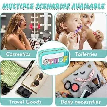 URSKYTOUS Chenille Letter Clear Makeup Bag Nylon Preppy Patch Stuff Cosmetic Bag with Zipper Large Clear Travel Makeup Pouch Transparent PVC Waterproof Toiletry Organizer Storage for Women (Blue)