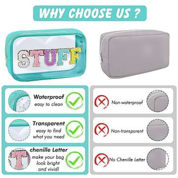 URSKYTOUS Chenille Letter Clear Makeup Bag Nylon Preppy Patch Stuff Cosmetic Bag with Zipper Large Clear Travel Makeup Pouch Transparent PVC Waterproof Toiletry Organizer Storage for Women (Blue)