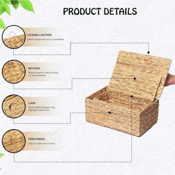 LUSYDECO Set of 2 Rectangular Wicker Storage Bins with Lid, Rattan Basket Decorative Boxes, Multipurpose Organizer Rattan Display Boxes for Shelf Organizer, Boho Rattan Box for Home Decoration