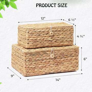 LUSYDECO Set of 2 Rectangular Wicker Storage Bins with Lid, Rattan Basket Decorative Boxes, Multipurpose Organizer Rattan Display Boxes for Shelf Organizer, Boho Rattan Box for Home Decoration
