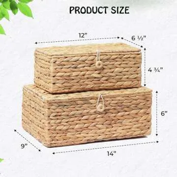 LUSYDECO Set of 2 Rectangular Wicker Storage Bins with Lid, Rattan Basket Decorative Boxes, Multipurpose Organizer Rattan Display Boxes for Shelf Organizer, Boho Rattan Box for Home Decoration