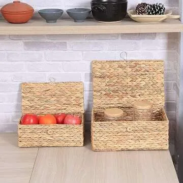 LUSYDECO Set of 2 Rectangular Wicker Storage Bins with Lid, Rattan Basket Decorative Boxes, Multipurpose Organizer Rattan Display Boxes for Shelf Organizer, Boho Rattan Box for Home Decoration