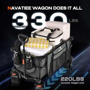 Navatiee Big Wheels Collapsible Wagon Cart Foldable, Heavy Duty Beach Wagon with Silent All-Terrain Wheels, Folding Utility Grocery Cart with Side Pocket and Brakes for Camping Garden Sports, Gray