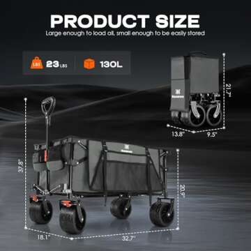 Navatiee Big Wheels Collapsible Wagon Cart Foldable, Heavy Duty Beach Wagon with Silent All-Terrain Wheels, Folding Utility Grocery Cart with Side Pocket and Brakes for Camping Garden Sports, Gray