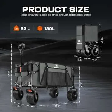 Navatiee Big Wheels Collapsible Wagon Cart Foldable, Heavy Duty Beach Wagon with Silent All-Terrain Wheels, Folding Utility Grocery Cart with Side Pocket and Brakes for Camping Garden Sports, Gray