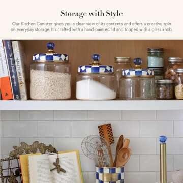 MACKENZIE-CHILDS Royal Check Kitchen Canister, Decorative Blue-and-White Glass Storage Jar with Lid,...